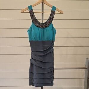 Jodi Kristopher Teal and Charcoal Beaded Neckline Mini Dress